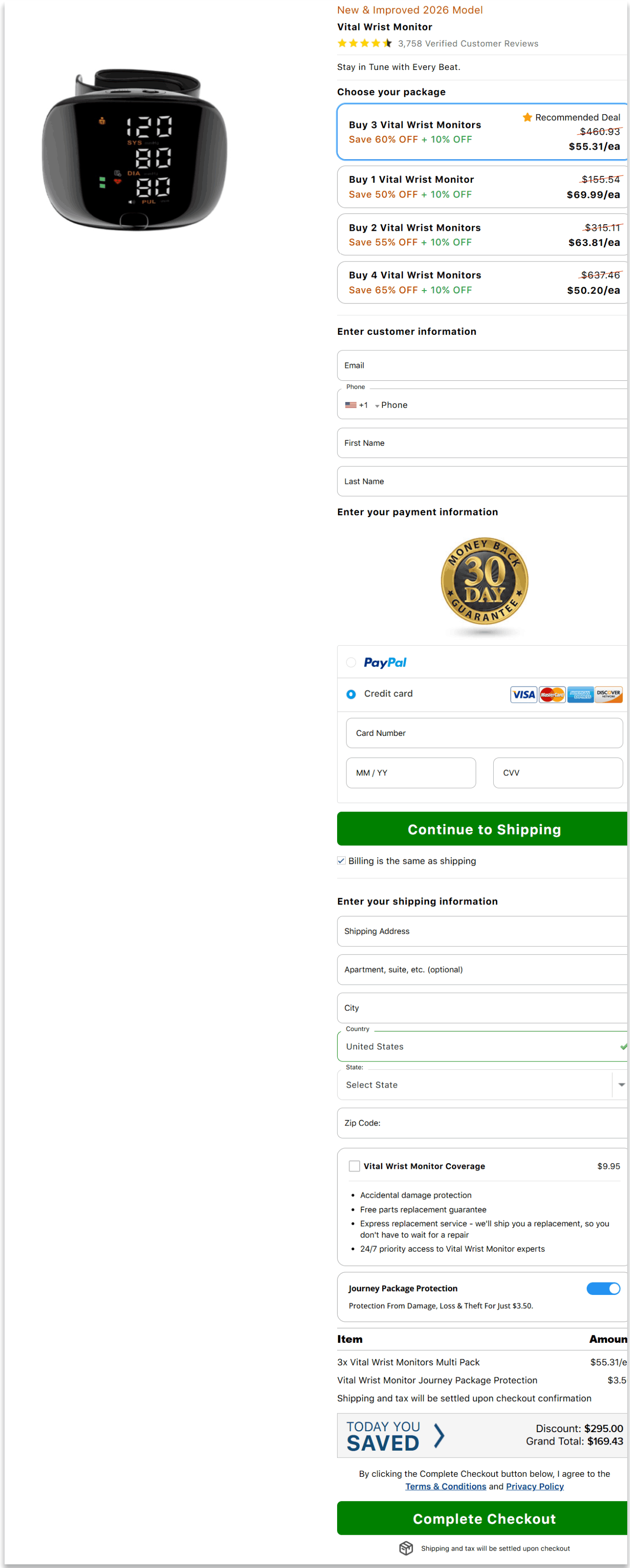 Vital Wrist Monitor secure checkout page